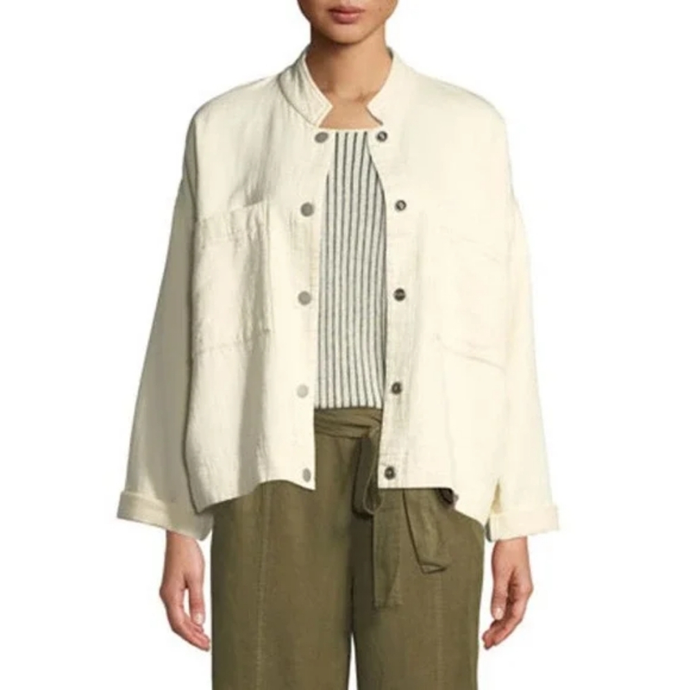 Eileen Fisher Ecru/Raw Color Mandrin Collar Women's Long Sleeve Jacket